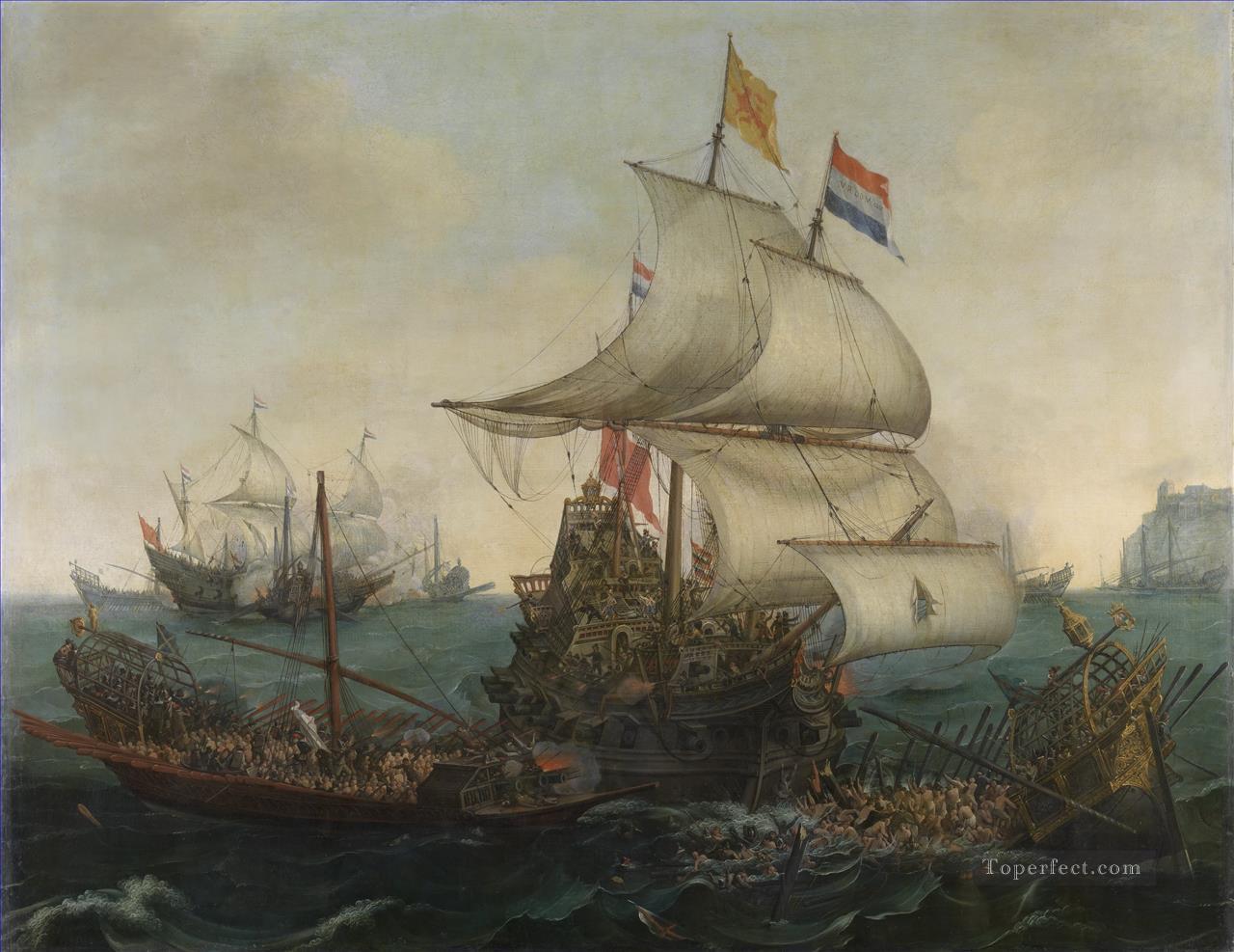 Vroom Hendrick Cornelisz Barcos holandeses embistieron galeras españolas frente a la costa flamenca en la batalla naval de 1602 Pintura al óleo